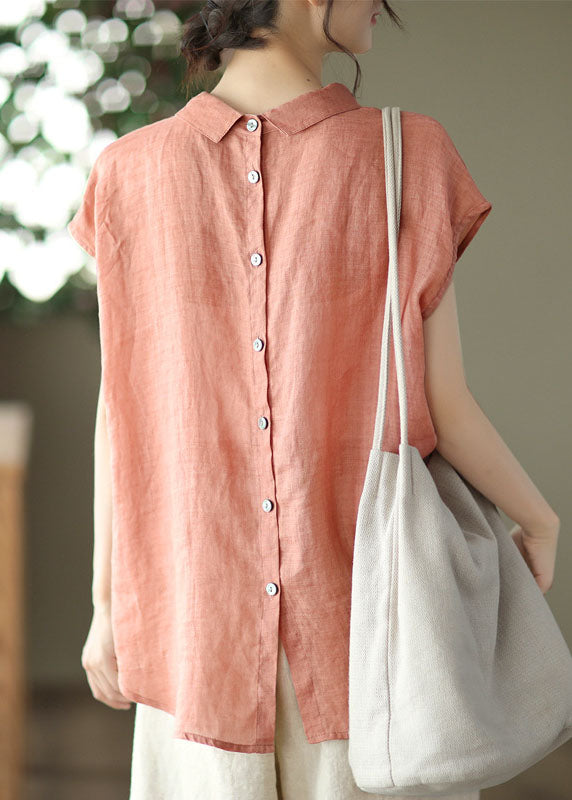 Women Orange Peter Pan Collar Patchwork Linen Blouses Summer