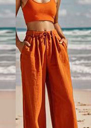 Women Orange Pockets Tie Waist Wide Leg Pants Summer