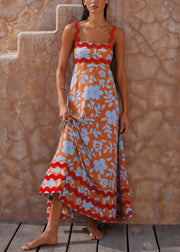 Women Orange Print High Waist Cotton Spaghetti Strap Dress Sleeveless