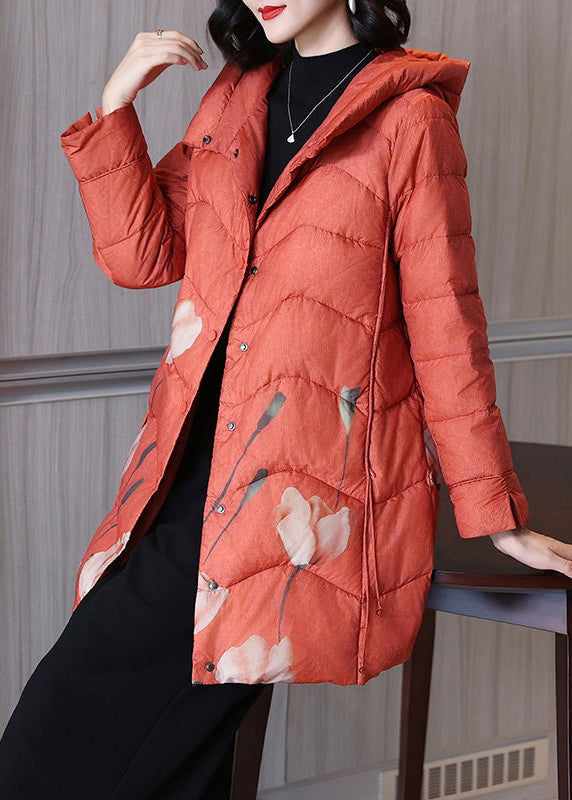 Women Orange Print Hooded Button Duck Down Parka Winter