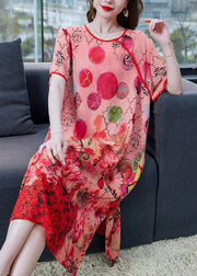 Women Orange Print Side Open Patchwork Chiffon Dresses Summer