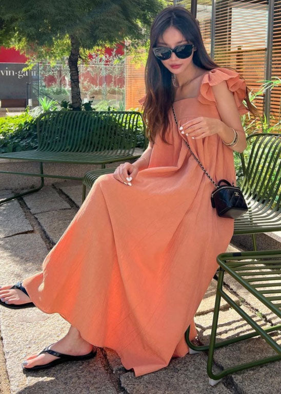 Women Orange Square Collar Oversized Cotton A Line Dresses Butterfly Sleeve