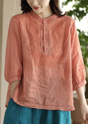 Women Orange Stand Collar Embroideried Floral Shirt Long Sleeve