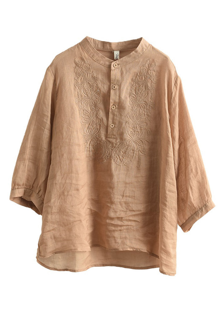 Women Orange Stand Collar Embroideried Floral Shirt Long Sleeve