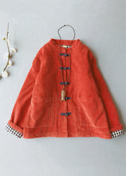 Women Orange Stand Collar Thick Corduroy Parkas Winte