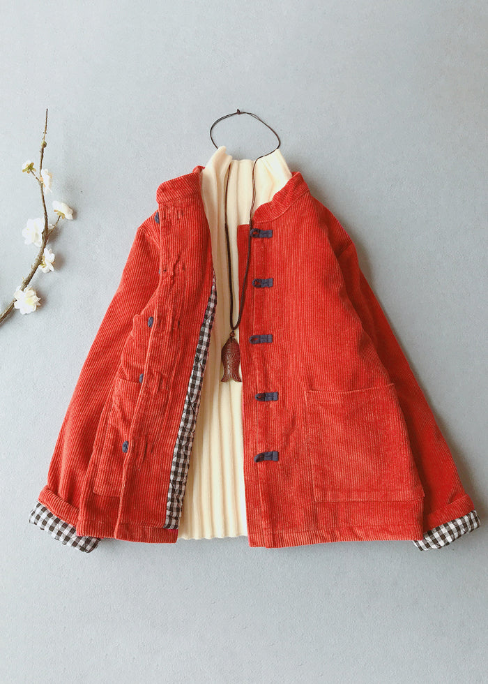 Women Orange Stand Collar Thick Corduroy Parkas Winte