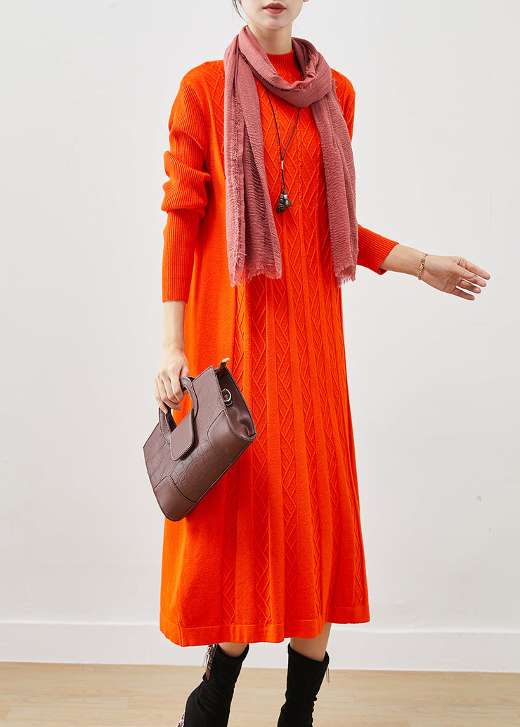 Women Orange Stand Collar Wrinkled Knit Dress Winter