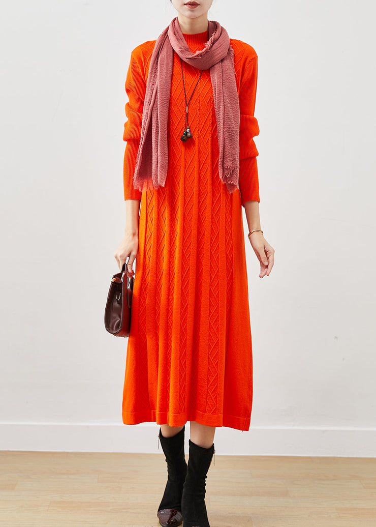 Women Orange Stand Collar Wrinkled Knit Dress Winter