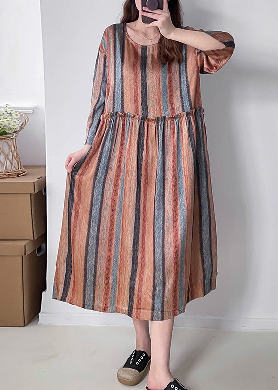 Women Orange Striped Patchwork Silk Cotto Long Dresses Long Sleeve