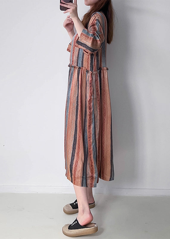 Women Orange Striped Patchwork Silk Cotto Long Dresses Long Sleeve