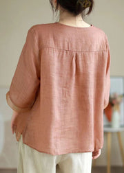 Women Orange V Neck Embroidered Organza Patchwork Linen Tops Summer