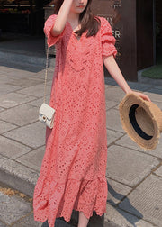 Women Orange V Neck Lace Patchwork Hollow Out Cotton Long Dresses Summer