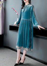 Women Peacock Blue Ruffled Embroideried Patchwork Silk Velour Dress Spring