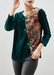 Women Peacock Green Asymmetrical Patchwork Silk Velour Shirt Tops Winter