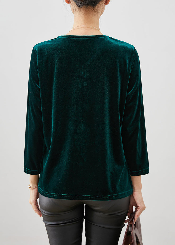 Women Peacock Green Asymmetrical Patchwork Silk Velour Shirt Tops Winter