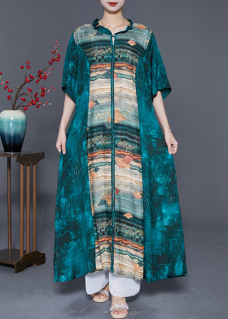 Women Peacock Green Ruffled Patchwork Print Silk Dresses Summer