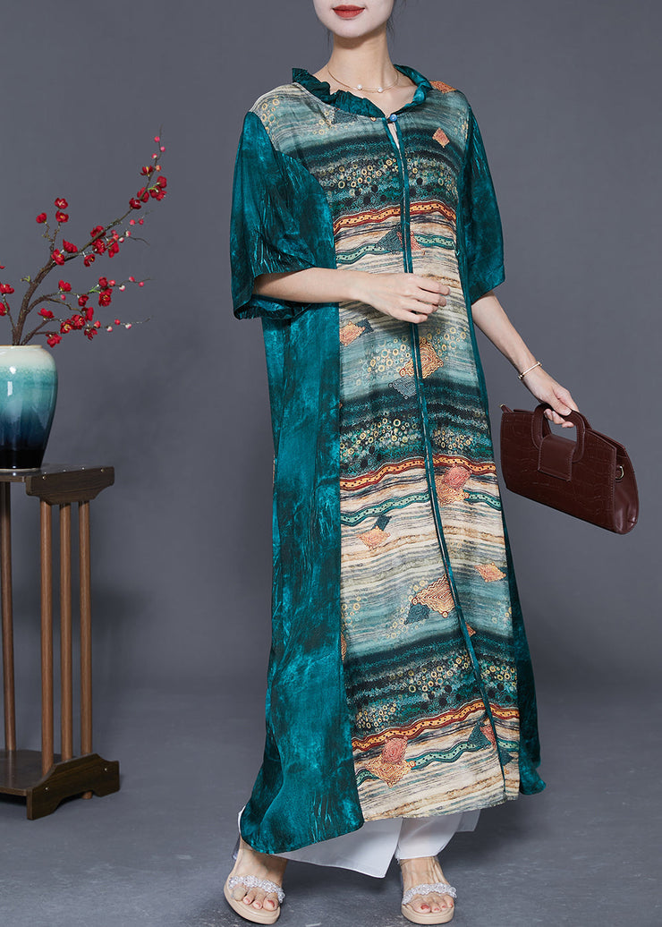 Women Peacock Green Ruffled Patchwork Print Silk Dresses Summer