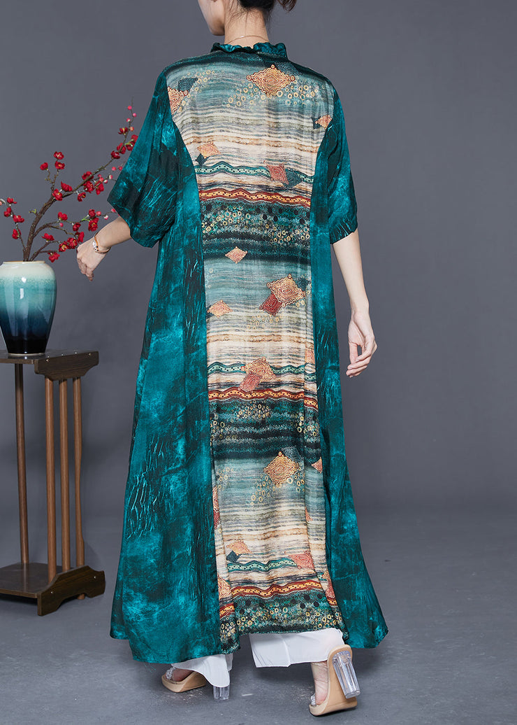 Women Peacock Green Ruffled Patchwork Print Silk Dresses Summer