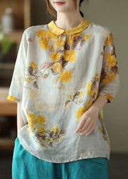 Women Peter Pan Collar Print Button Linen Shirt Half Sleeve