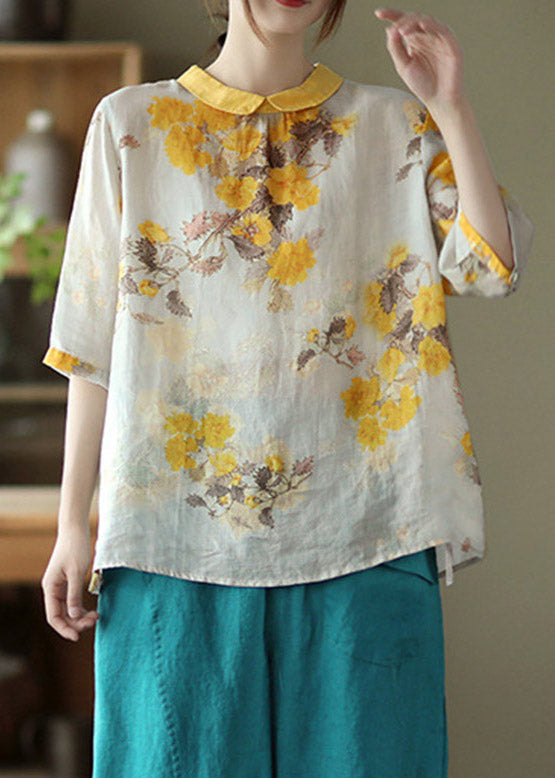 Women Peter Pan Collar Print Button Linen Shirt Half Sleeve