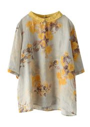 Women Peter Pan Collar Print Button Linen Shirt Half Sleeve