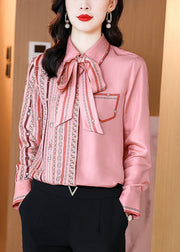 Women Pink Bow Tie Print Patchwork Silk Shirts Top Spring