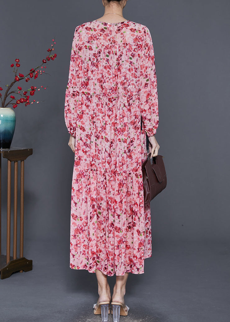 Women Pink Cinched Print Chiffon Holiday Dress Spring