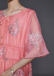 Women Pink Embroidered Silk Cinched Dress Summer