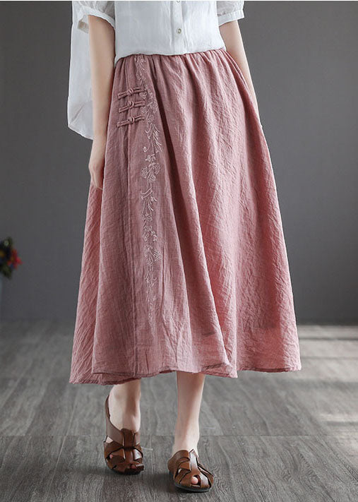 Women Pink Embroideried Chinese Button Linen Skirts Spring