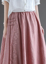 Women Pink Embroideried Chinese Button Linen Skirts Spring