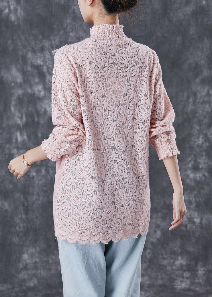 Women Pink High Neck Patchwork Lace Velour Shirts Winter