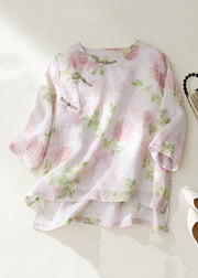 Women Pink O Neck Button Print Linen Shirts Bracelet Sleeve