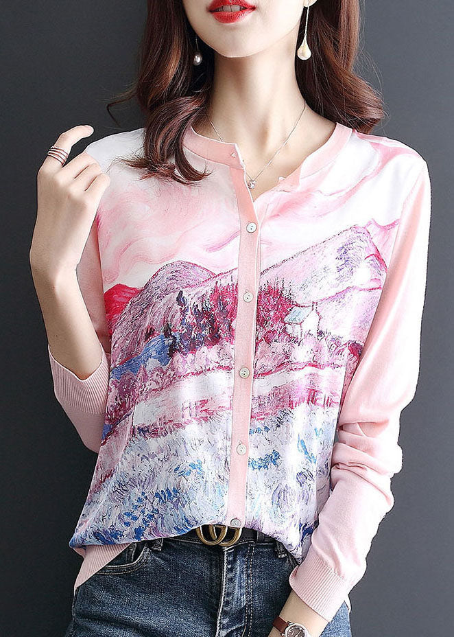 Women Pink O-Neck Patchwork Knit Cardigan Spring