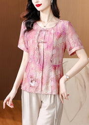 Women Pink O-Neck Tasseled Print Linen Shirt Summer