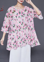 Women Pink Oversized Print Chiffon Tops Flare Sleeve