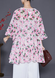 Women Pink Oversized Print Chiffon Tops Flare Sleeve