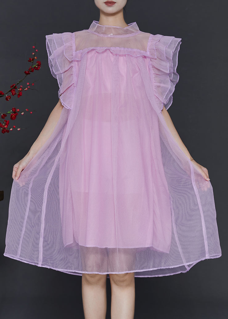 Women Pink Oversized Tulle Vacation Dress Butterfly Sleeve