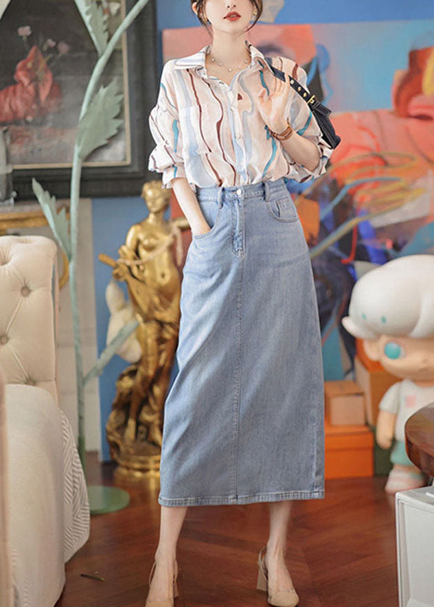 Women Pink Peter Pan Collar Striped Cotton Shirt And Denim Skirt Two Pieces Set Fall