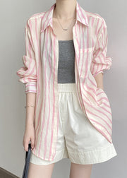 Women Pink Peter Pan Collar Striped Linen Shirt Tops Fall