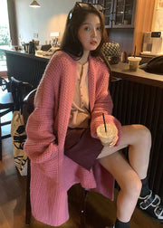 Women Pink Pockets Hollow Out Knit Cardigans Long Sleeve