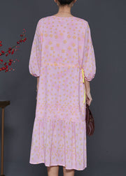 Women Pink Print Drawstring Cotton Maxi Dresses Bracelet Sleeve