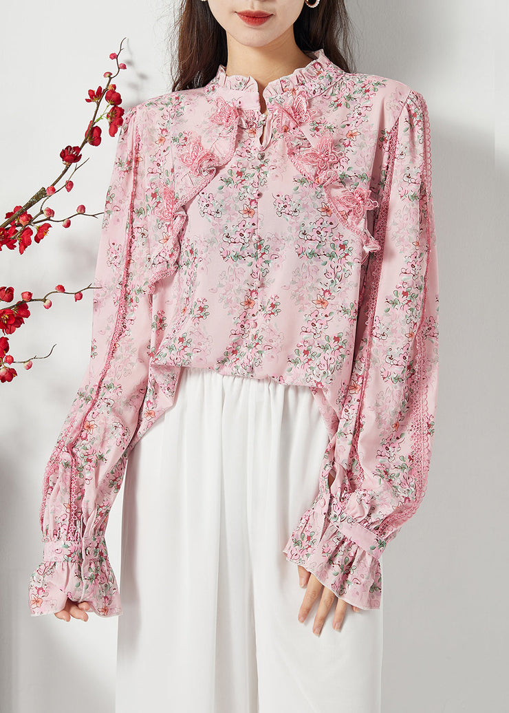 Women Pink Ruffled Patchwork Butterfly Chiffon Shirt Spring