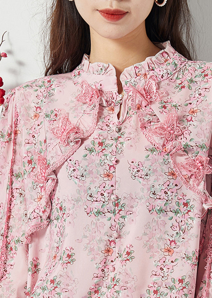 Women Pink Ruffled Patchwork Butterfly Chiffon Shirt Spring