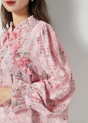 Women Pink Ruffled Patchwork Butterfly Chiffon Shirt Spring