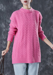 Women Pink Ruffled Patchwork Thick Knit Pullover Winter