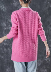 Women Pink Ruffled Patchwork Thick Knit Pullover Winter