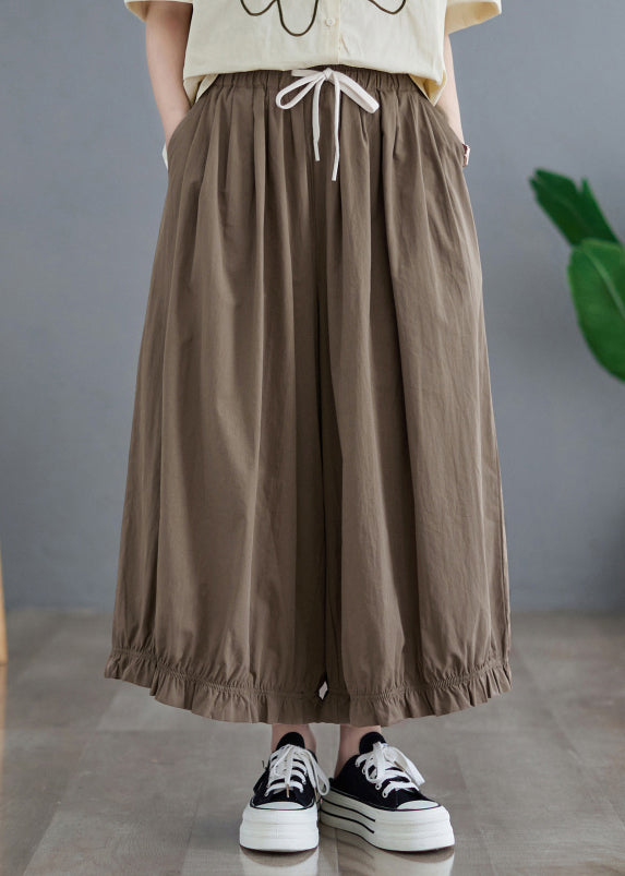 Women Pink Ruffled Pockets Elastic Waist Cotton Pants Skirt Fall