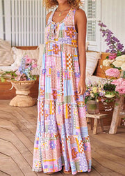 Women Pink Ruffled Print Cotton Long Dresses Sleeveless