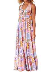 Women Pink Ruffled Print Cotton Long Dresses Sleeveless