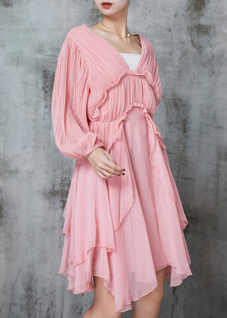 Women Pink Ruffled Wrinkled Chiffon Mid Dress Spring